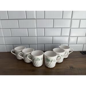 6 Vintage Corning Callaway Ivy White Swirl Corning Ceramic Coffee Cups Mugs USA